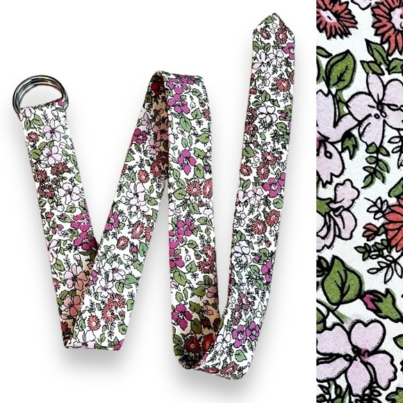 J Crew Floral Print Fabric Belt D-RIng Adjustable 100% Cotton Pink Green S/M - Picture 1 of 6